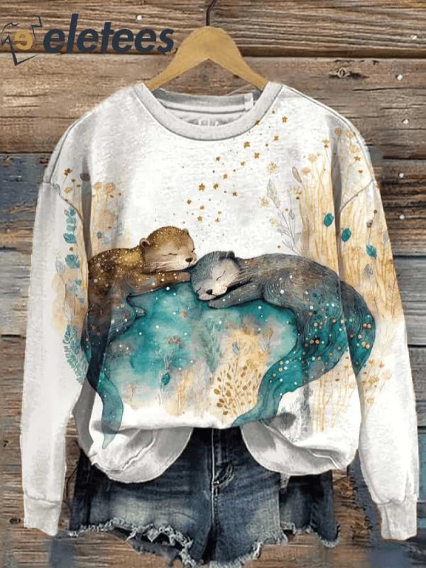 Women’s Retro Shiny Water Wave Otter Watercolor Art Print Gradient Sweatshirt