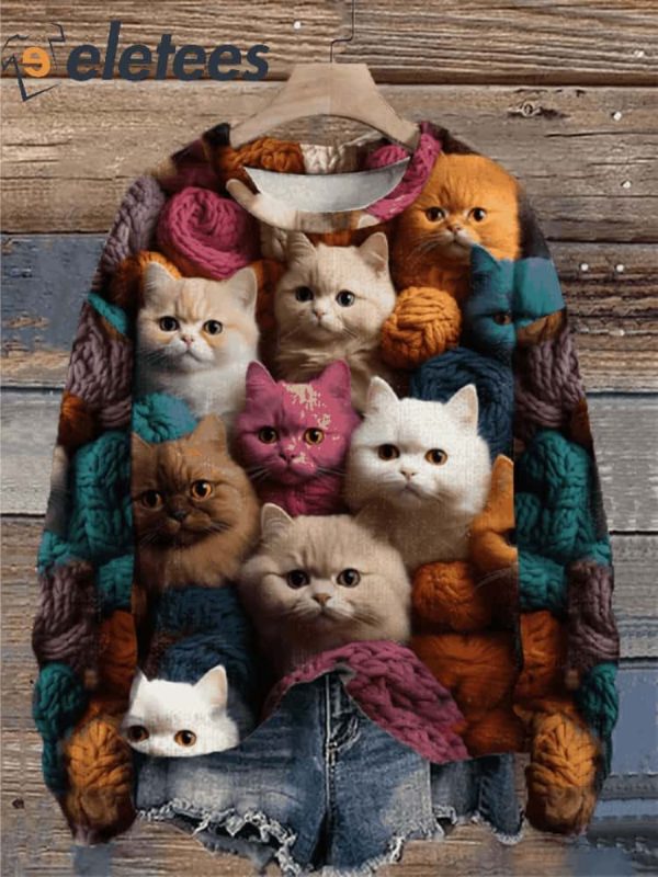 Women’s Vintage Fun Colorful Cat Felt Embroidery Art Print Casual Sweatshirt