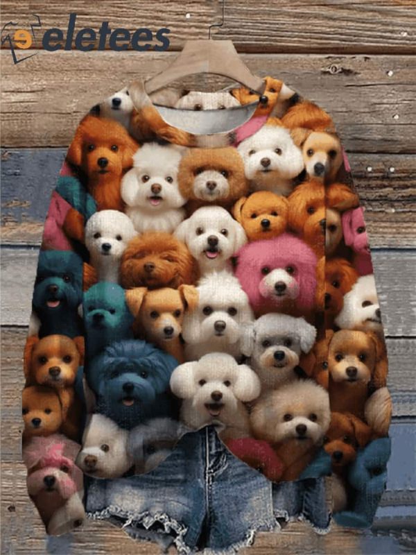 Women’s Vintage Fun Colorful Poodle Felt Embroidery Art Print Casual Sweatshirt