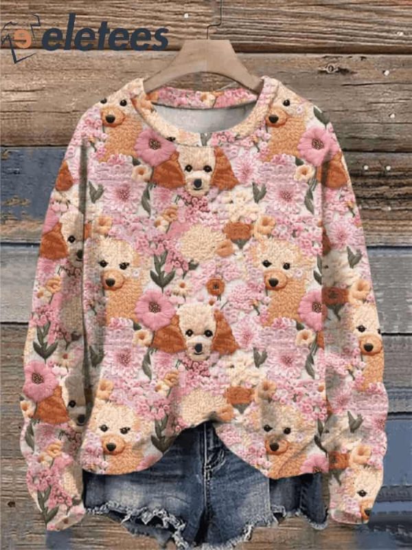 Women’s Vintage Fun Poodle Dog Flower Felt Embroidery Art Print Casual Sweatshirt