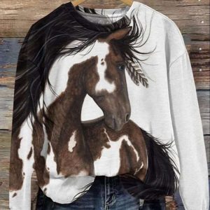 Women’s Western Horse Print Long Sleeve Sweatshirt
