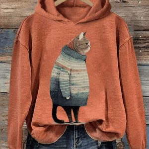 Womens Winter Cat Print Casual Hooded Sweatshirt