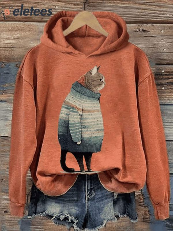 Women’s Winter Cat Print Casual Hooded Sweatshirt