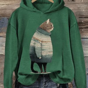 Womens Winter Cat Print Casual Hooded Sweatshirt1