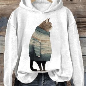 Womens Winter Cat Print Casual Hooded Sweatshirt2