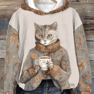 Women’s Winter Funny Cute Wonderland Clothing Floral Cat Printed Hoodie