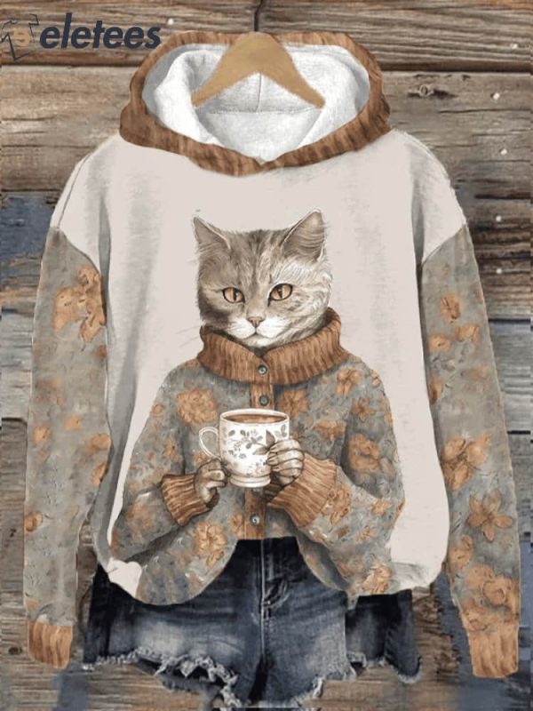 Women’s Winter Funny Cute Wonderland Clothing Floral Cat Printed Hoodie