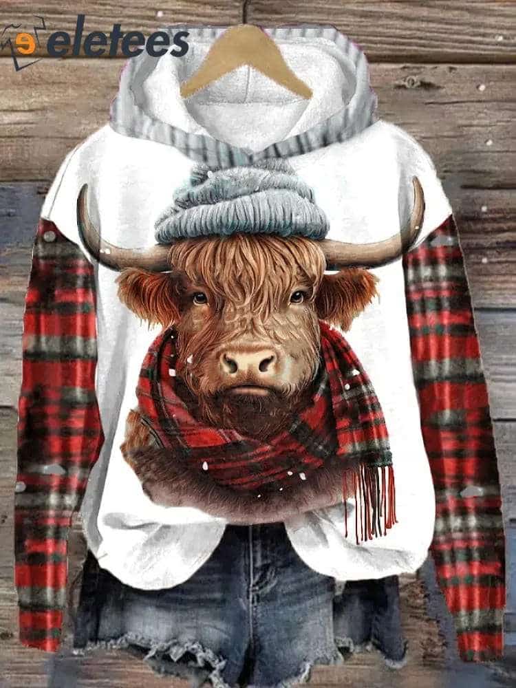 Women's Winter West Highland Cow Plaid Printed Sweatshirt