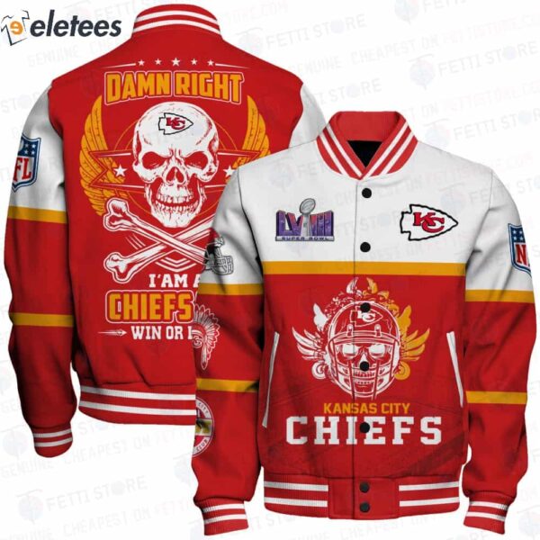 Skull Super Bowl LVIII Damn Right I Am A Chiefs Win Or Lose Varsity Jacket