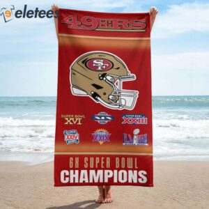 SF 49ers Super Bowl LVIII 2024 6X Champions Beach Towel