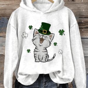 Women’S Cute Cat St. Patrick’s Day Print Casual Hoodie
