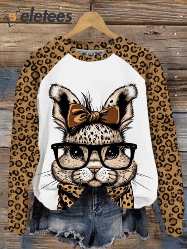 Women’s Easter Leopard Print Glasses Rabbit Print Sweatshirt