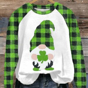 Women’s St. Patrick’s Clover Gnome Check Print Sweatshirt
