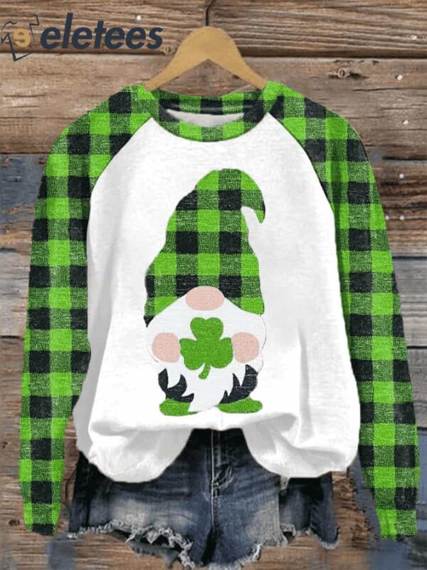 Women’s St. Patrick’s Clover Gnome Check Print Sweatshirt