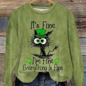 Women's St. Patrick's Day It's Fine I'm Fine Everything Is Fine Cat Shamrocks Print Casual Sweatshirt