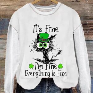 Womens St Patricks Day Its Fine Im Fine Everything Is Fine Cat Shamrocks Print Casual Sweatshirt 2