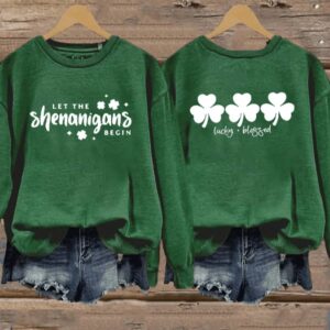 Women’s St Patricks Day Let The Shenanigans Begin Lucky Blessed Shamrock Printed Casual Sweatshirt