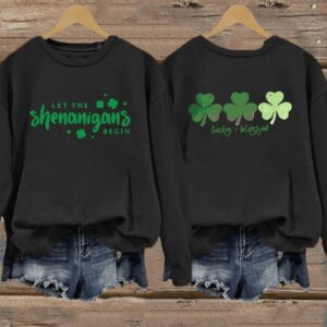 Womens St Patricks Day Let The Shenanigans Begin Lucky Blessed Shamrock Printed Casual Sweatshirt1