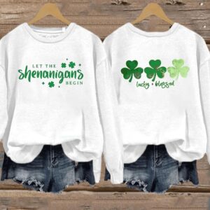 Womens St Patricks Day Let The Shenanigans Begin Lucky Blessed Shamrock Printed Casual Sweatshirt2