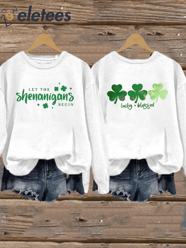 Women’s St Patricks Day Let The Shenanigans Begin Lucky Blessed Shamrock Printed Casual Sweatshirt