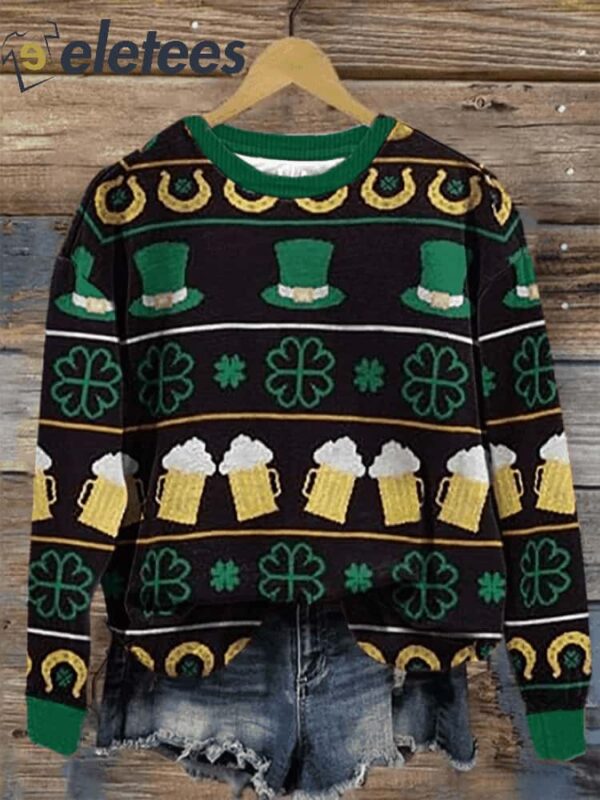 Women’s St. Patrick’s Day Lucky Clovers Beer Print Casual Sweatshirt