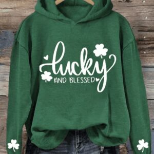 Womens St Patricks Day Lucky and Blessed Shamrock Printed Casual Hoodie