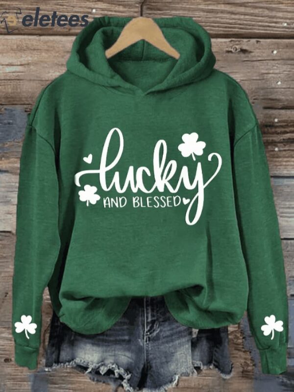 Women’s St. Patrick’s Day Lucky and Blessed Shamrock Printed Casual Hoodie