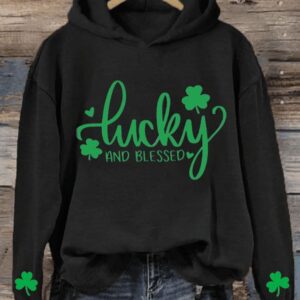 Womens St Patricks Day Lucky and Blessed Shamrock Printed Casual Hoodie1