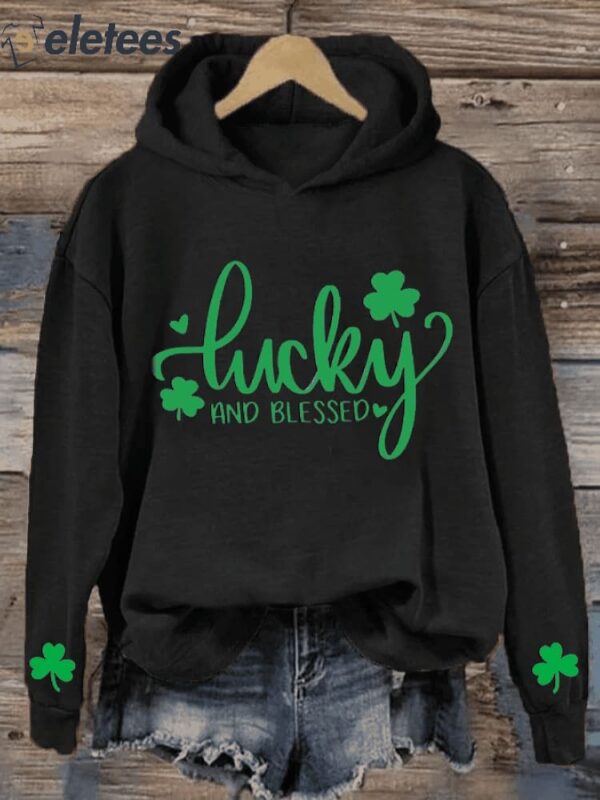 Women’s St. Patrick’s Day Lucky and Blessed Shamrock Printed Casual Hoodie