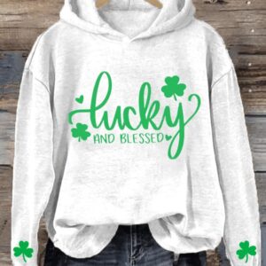 Womens St Patricks Day Lucky and Blessed Shamrock Printed Casual Hoodie2