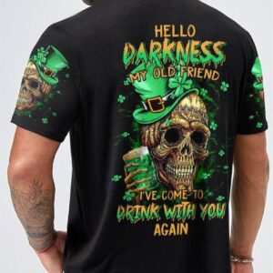 Mens St Patricks Day St Patricks Day Hello Darkness My Old Friend Beer Skull Print T Shirt