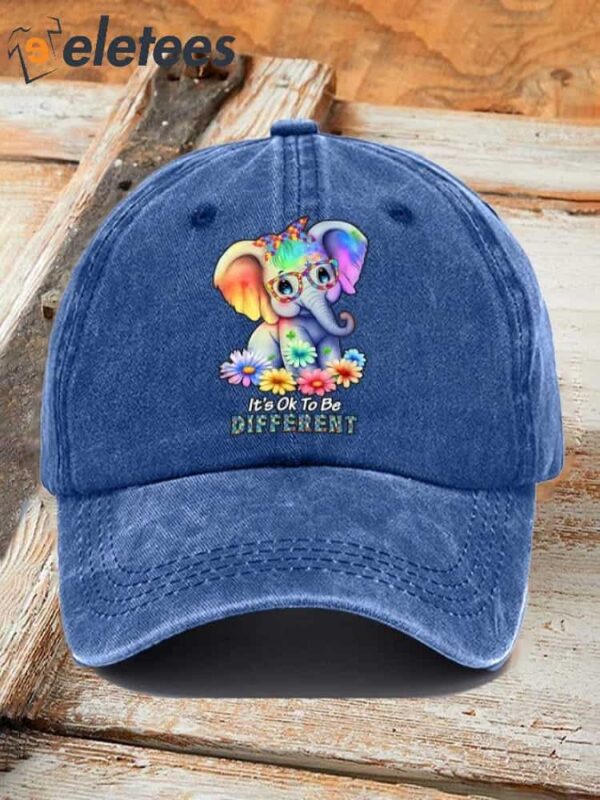 Retro Autism Awareness Elephant It’s Ok To Be Different Print Baseball Cap