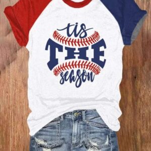 Retro Baseball Color Block Tis The Season Print T-Shirt