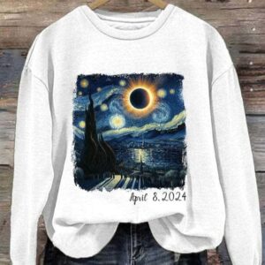 Retro Starry Night & Solar Eclipse Of April 8 2024 Print Sweatshirt