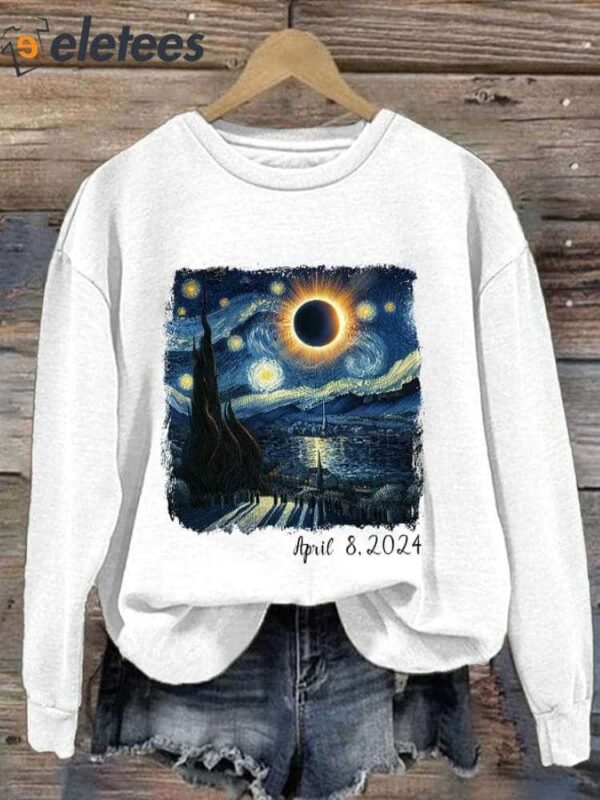 Retro Starry Night & Solar Eclipse Of April 8 2024 Print Sweatshirt