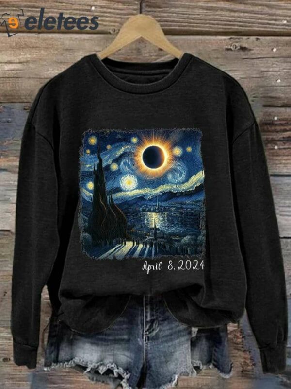 Retro Starry Night & Solar Eclipse Of April 8 2024 Print Sweatshirt