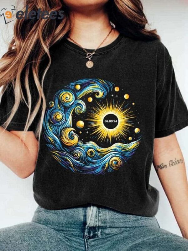 Retro Van Gogh Solar Eclipse Of April 8 2024 Print T-Shirt