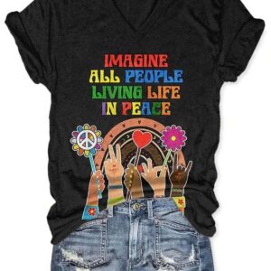 V-Neck Retro Hippie Imagine All The People Living Life In Peace Print Shirt