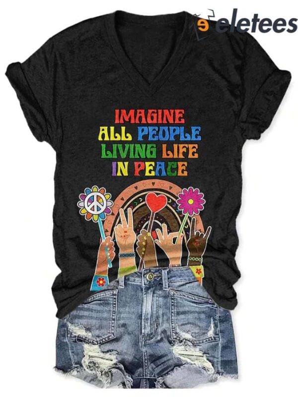 V-Neck Retro Hippie Imagine All The People Living Life In Peace Print Shirt