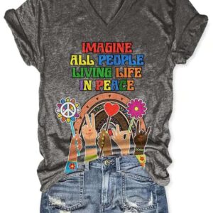 V Neck Retro Hippie Imagine All The People Living Life In Peace Print Shirt 2