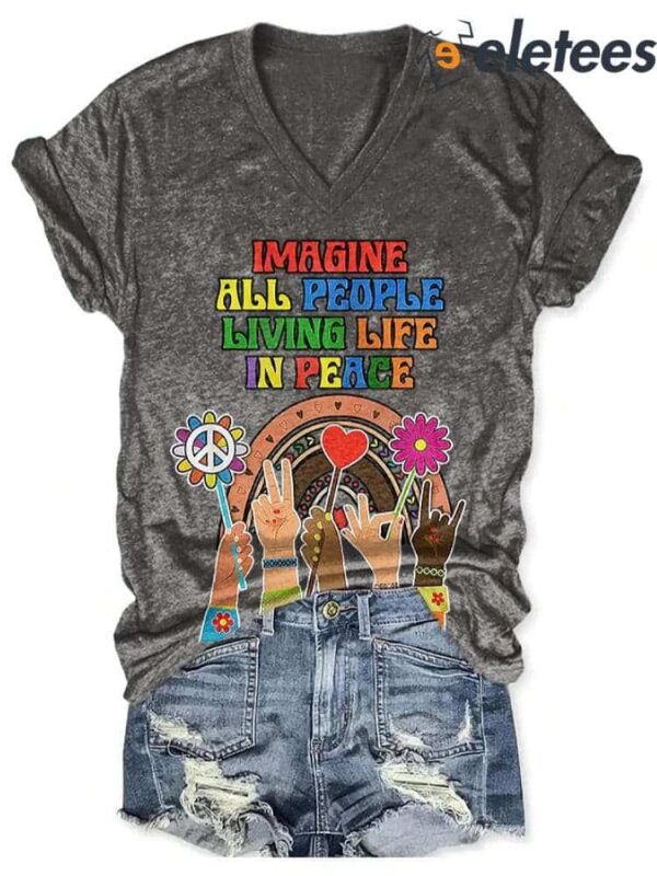 V-Neck Retro Hippie Imagine All The People Living Life In Peace Print Shirt