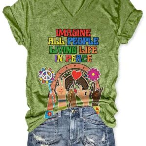 V Neck Retro Hippie Imagine All The People Living Life In Peace Print Shirt 3