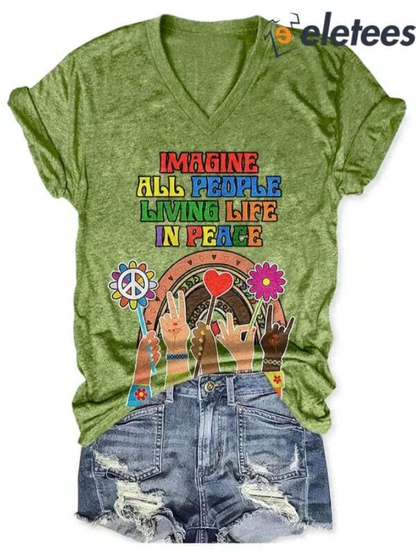 V-Neck Retro Hippie Imagine All The People Living Life In Peace Print Shirt