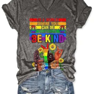 V Neck Retro Hippie In A World Where You Can Be Anything Be Kind Print Shirt 2