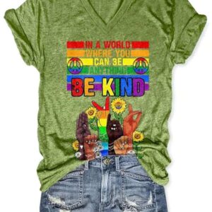 V Neck Retro Hippie In A World Where You Can Be Anything Be Kind Print Shirt 3
