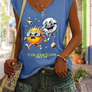 V Neck Retro Solar Eclipse Of April 8, 2024 Print Tank Tops