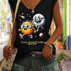 V Neck Retro Solar Eclipse Of April 8 2024 Print Tank Tops 2