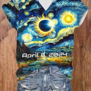 V-Neck Retro Starry Night & Solar Eclipse Of April 8 2024 Print T-Shirt