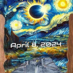 V Neck Retro Starry Night Solar Eclipse Of April 8 2024 Print T Shirt 2