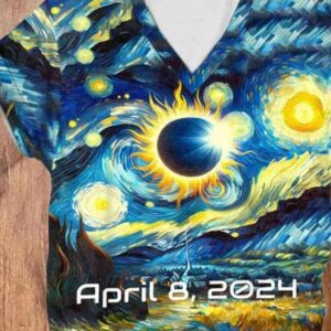 V Neck Retro Starry Night Solar Eclipse Of April 8 2024 Print T Shirt 3